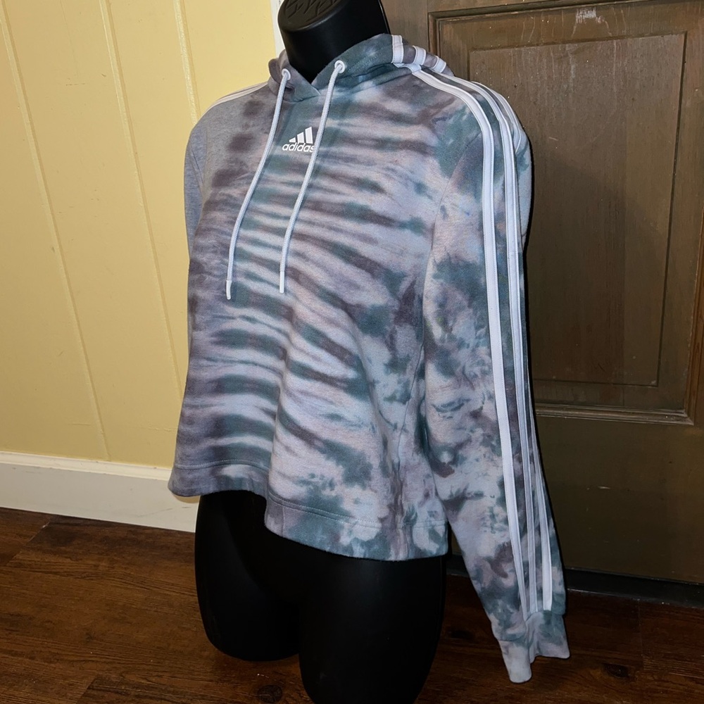 Adidas Gray Split Tie Dye Green Black Crop Long Sleeve Hooded Pullover Size S - Picture 5 of 14